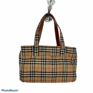 Burberry Wool Vintage Nova Check Signature Plaid Tote Shoulder Bag Purse Tan